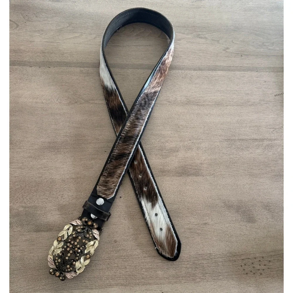 J.Crew Calf Hair Leather Belt Brown White Western Rhinestone Buckle 36 Cowgirl